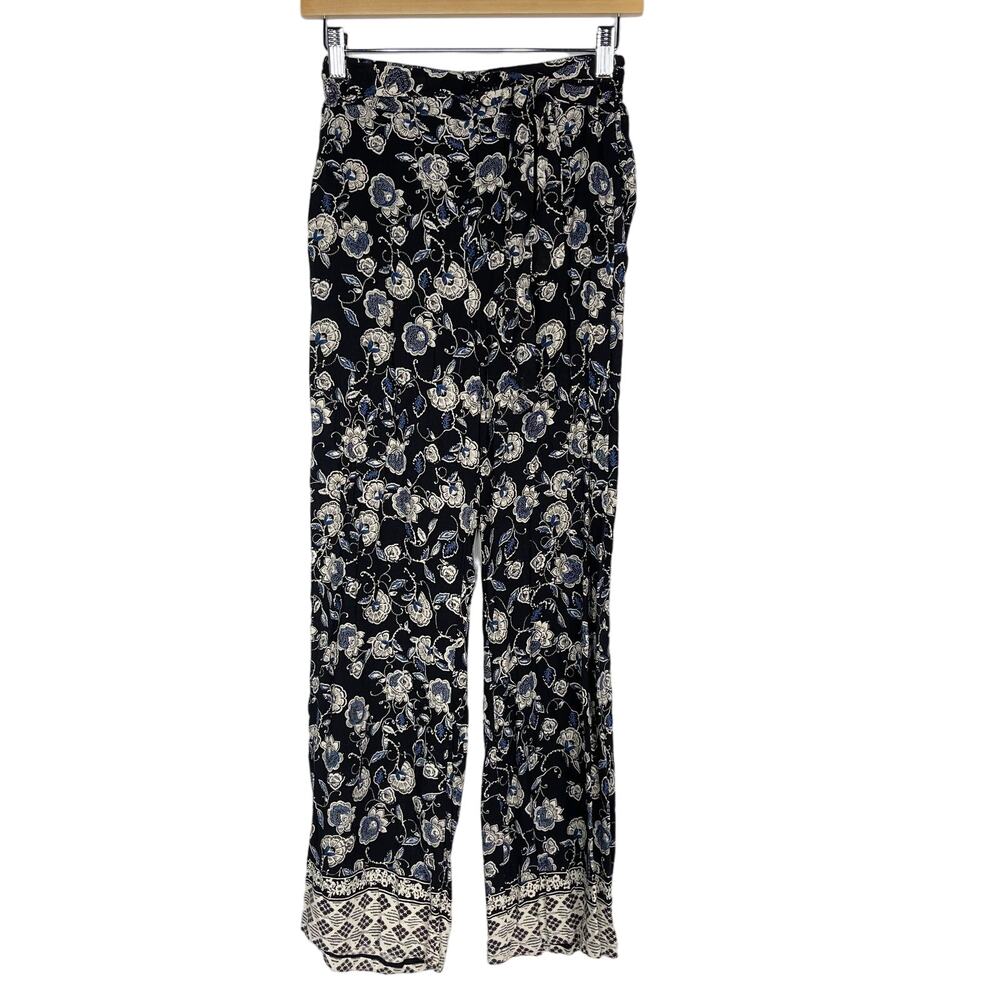 Francescas Blue Rain Small S Black Blue Cream Floral Pull On Pants Boho Casual
